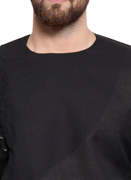 Black Kurta With Aligarh Pajama Set in Linen For Men by Treemoda