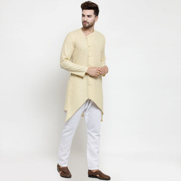 Designer Beige Linen Kurta With Aligarh Pajama For Men By Treemoda