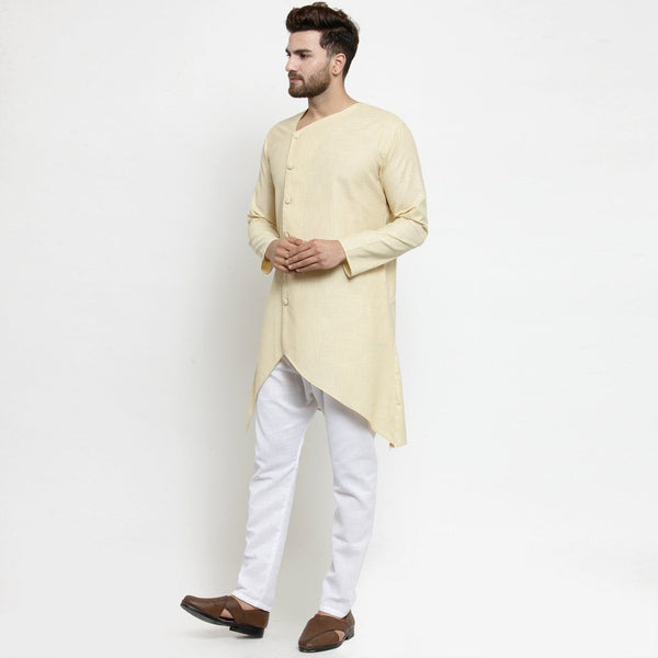 Designer Beige Linen Kurta With Aligarh Pajama For Men By Treemoda