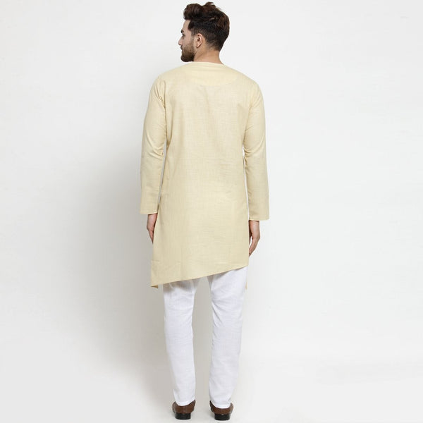 Designer Beige Linen Kurta With Aligarh Pajama For Men By Treemoda