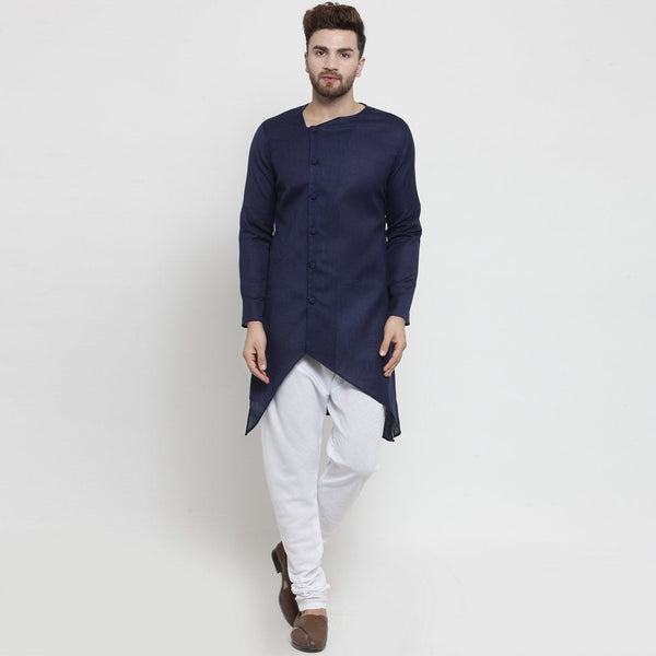 Designer Blue Linen Kurta With Chudidar Pajama For Men By Treemoda