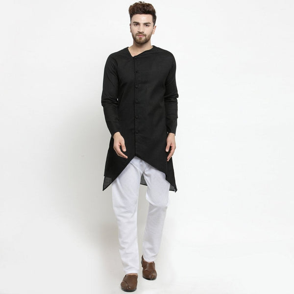 Designer Black Linen Kurta With Aligarh Pajama For Men By Treemoda