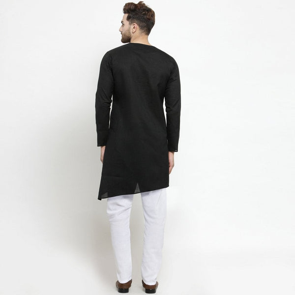 Designer Black Linen Kurta With Aligarh Pajama For Men By Treemoda