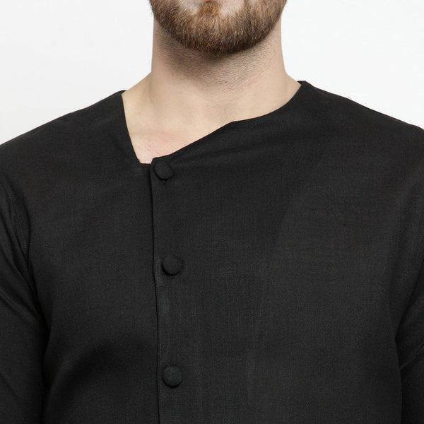 Designer Black Linen Kurta With Aligarh Pajama For Men By Treemoda