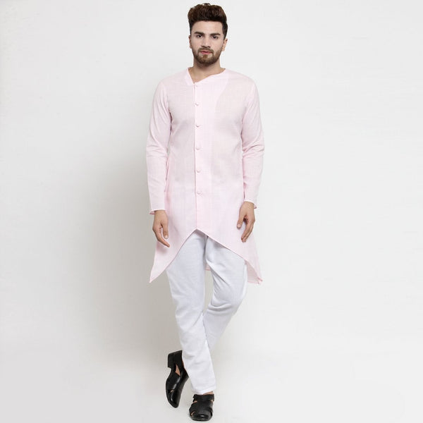 Designer Pink Linen Kurta With Aligarh Pajama For Men By Treemoda