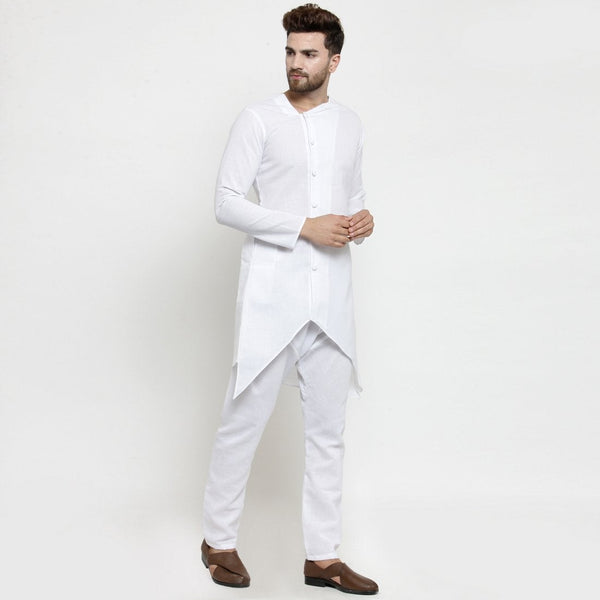 Designer White Linen Kurta With Aligarh Pajama For Men By Treemoda