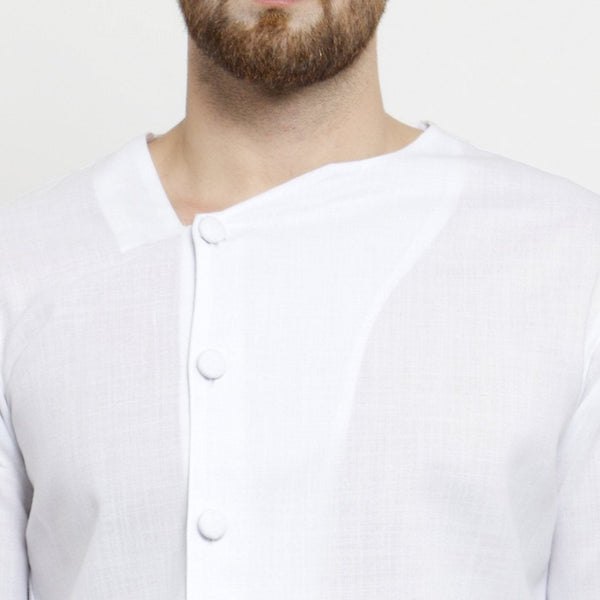 Designer White Linen Kurta With Aligarh Pajama For Men By Treemoda