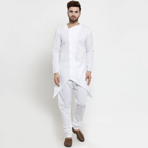 Designer White Linen Kurta With Chudidar Pajama For Men By Treemoda