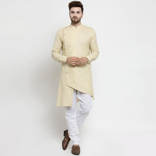 Designer Beige Linen Kurta With Chudidar Pajama For Men By Treemoda