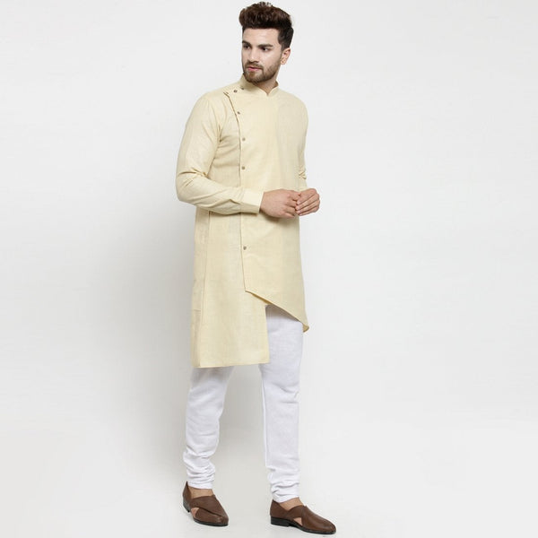 Designer Beige Linen Kurta With Chudidar Pajama For Men By Treemoda