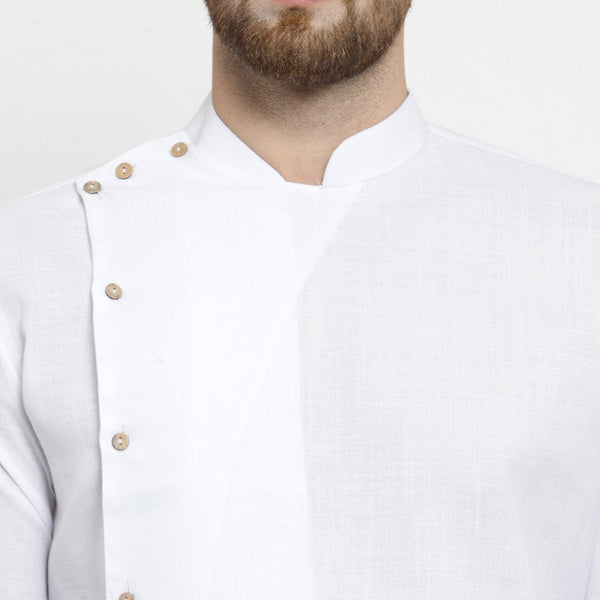 Designer White Linen Kurta With Aligarh Pajama For Men By Treemoda