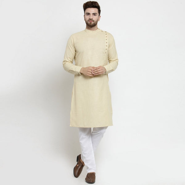 Designer Beige Linen Kurta With Aligarh Pajama For Men By Treemoda