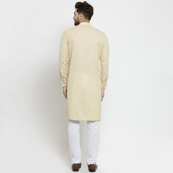 Designer Beige Linen Kurta With Aligarh Pajama For Men By Treemoda