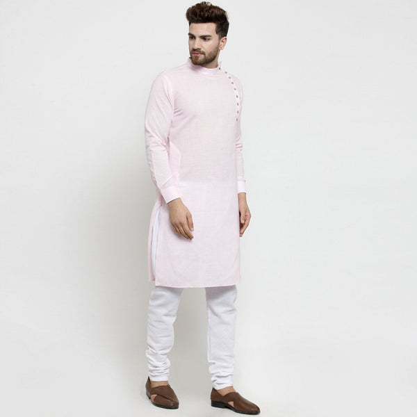 Designer Pink Linen Kurta With Chudidar Pajama For Men By Treemoda