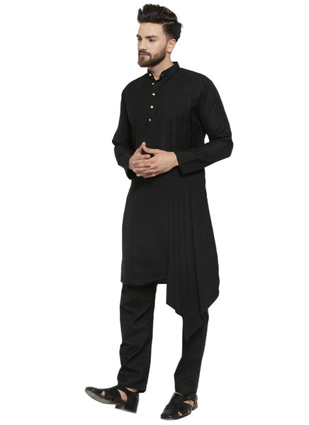 Black Kurta  With Aligarh Pajama Set in Linen For Men by Treemoda