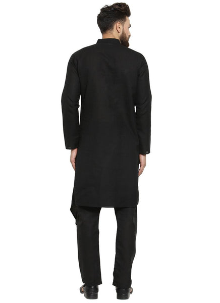 Black Kurta  With Aligarh Pajama Set in Linen For Men by Treemoda