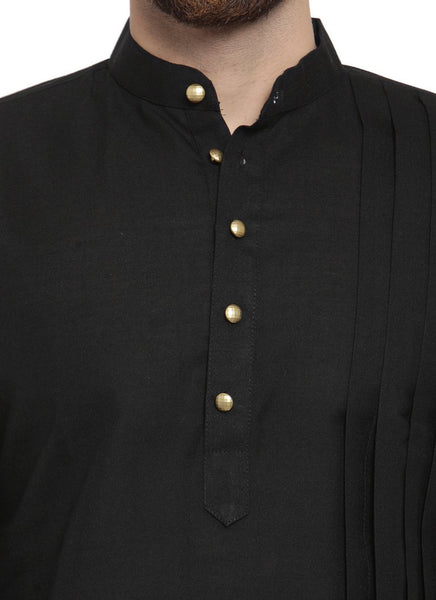 Black Kurta  With Aligarh Pajama Set in Linen For Men by Treemoda