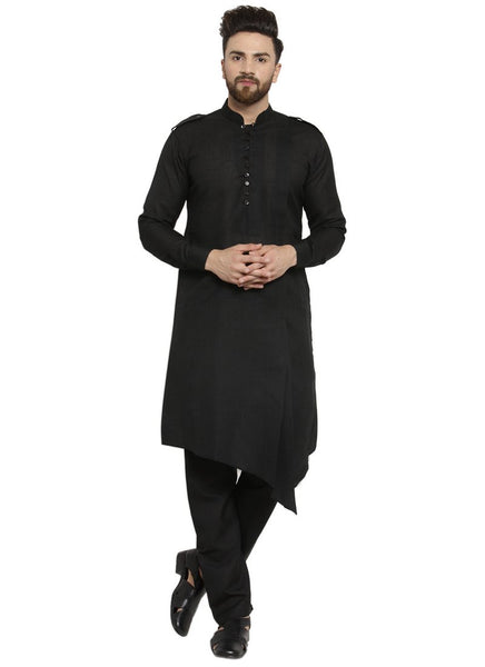 Black Kurta With Aligarh Pajama Set in Linen For Men by Treemoda