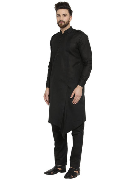 Black Kurta With Aligarh Pajama Set in Linen For Men by Treemoda