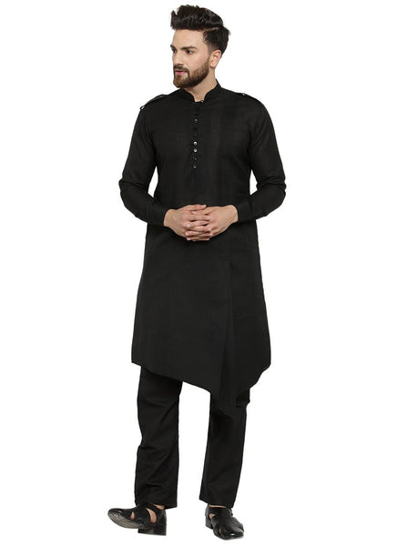 Black Kurta With Aligarh Pajama Set in Linen For Men by Treemoda