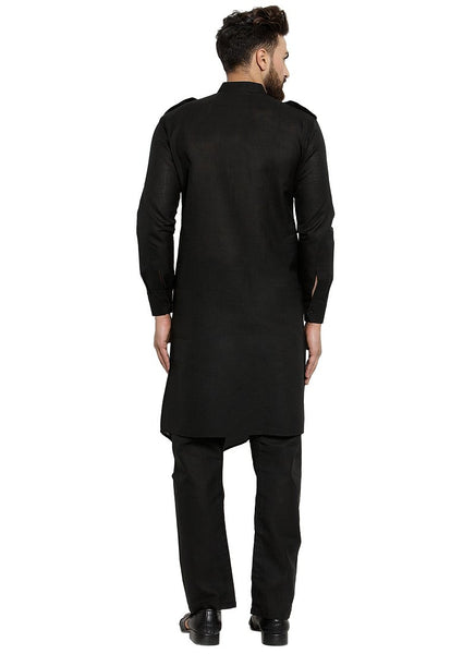 Black Kurta With Aligarh Pajama Set in Linen For Men by Treemoda