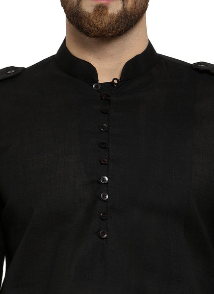 Black Kurta With Aligarh Pajama Set in Linen For Men by Treemoda