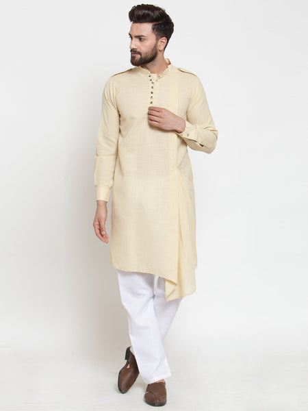 Beige Kurta With Aligarh Pajama Set in Linen For Men by Treemoda