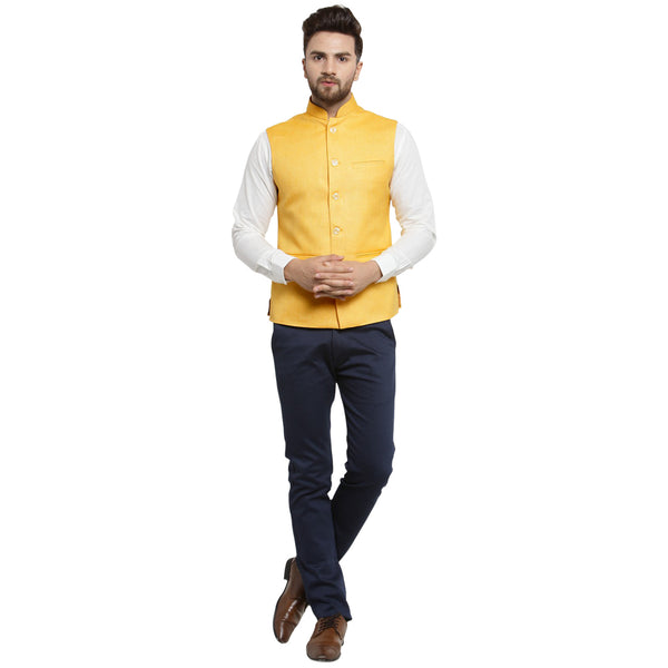 Treemoda Bright Yellow Nehru jacket For Men Stylish Latest Design Suitable for Ethnic Wear/Wedding Wear/ Formal Wear/Casual Wear