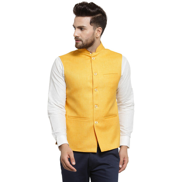 Treemoda Bright Yellow Nehru jacket For Men Stylish Latest Design Suitable for Ethnic Wear/Wedding Wear/ Formal Wear/Casual Wear