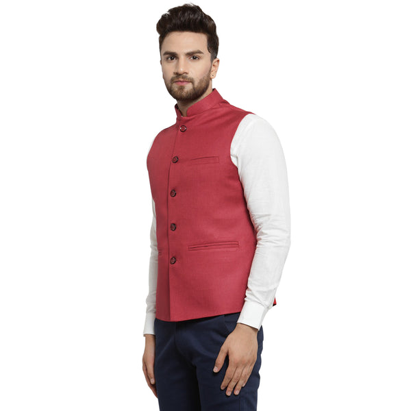 Treemoda Cherry Red Nehru jacket For Men Stylish Latest Design Suitable for Ethnic Wear/Wedding Wear/ Formal Wear/Casual Wear