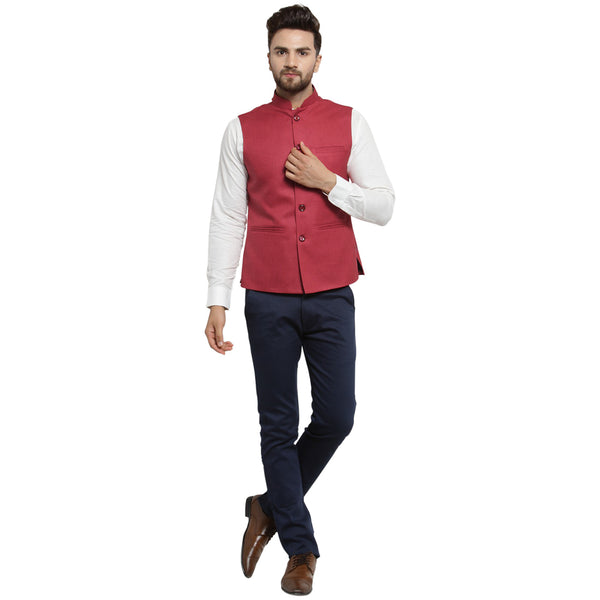 Treemoda Cherry Red Nehru jacket For Men Stylish Latest Design Suitable for Ethnic Wear/Wedding Wear/ Formal Wear/Casual Wear
