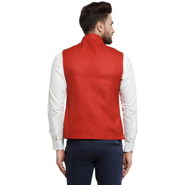 Treemoda Crimson Red Nehru Jacket For Men Stylish Latest Design Suitable for Ethnic Wear/Wedding Wear/ Formal Wear/Casual Wear