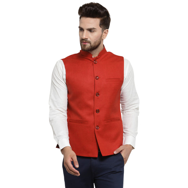 Treemoda Crimson Red Nehru Jacket For Men Stylish Latest Design Suitable for Ethnic Wear/Wedding Wear/ Formal Wear/Casual Wear