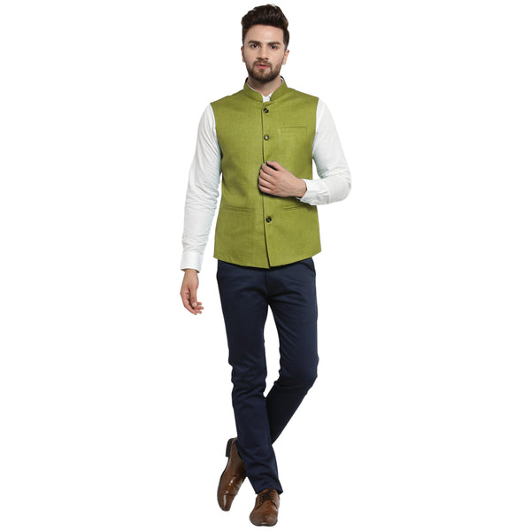 Treemoda Mehendi Green Nehru jacket For Men Stylish Latest Design Suitable for Ethnic Wear/Wedding Wear/ Formal Wear/Casual Wear
