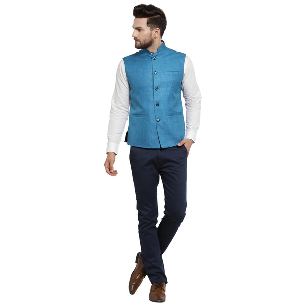 Treemoda Turquoise Blue Nehru jacket For Men Stylish Latest Design Suitable for Ethnic Wear/Wedding Wear/ Formal Wear/Casual Wear