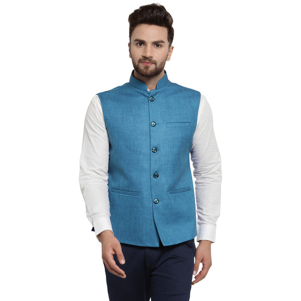 Treemoda Turquoise Blue Nehru jacket For Men Stylish Latest Design Suitable for Ethnic Wear/Wedding Wear/ Formal Wear/Casual Wear
