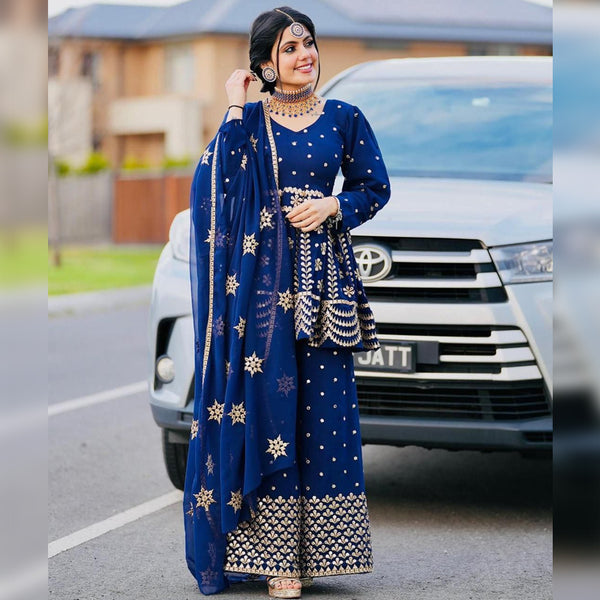 Beautiful Heavy Plazzo Suit with Embroidery and Foil Mirror work.