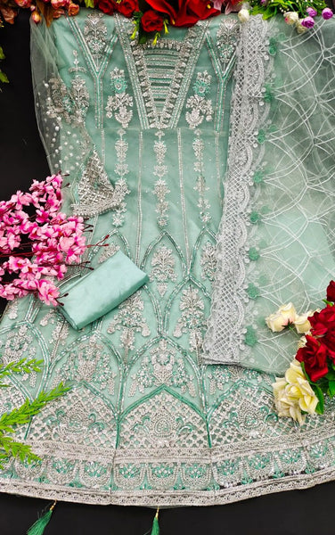 Pakstani Mirror Work Semi-Stitched Gown With Embroided Dupatta for Party Wear