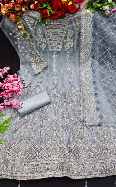 Pakstani Mirror Work Semi-Stitched Gown With Embroided Dupatta for Party Wear