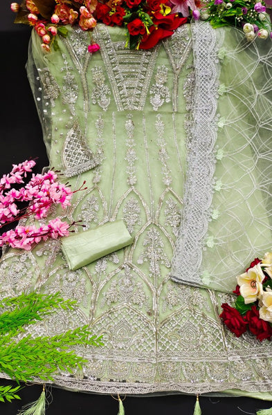 Pakstani Mirror Work Semi-Stitched Gown With Embroided Dupatta for Party Wear