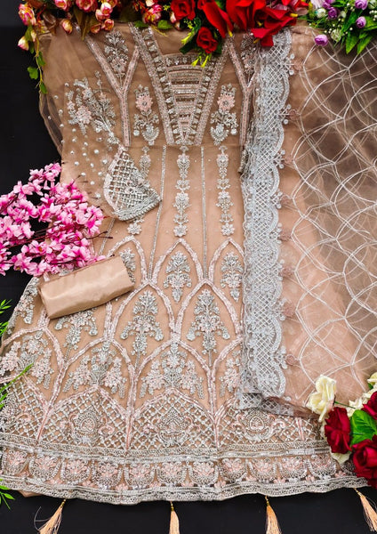 Pakstani Mirror Work Semi-Stitched Gown With Embroided Dupatta for Party Wear