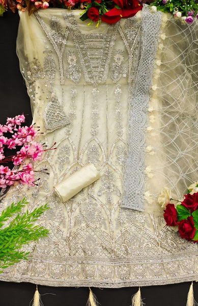 Pakstani Mirror Work Semi-Stitched Gown With Embroided Dupatta for Party Wear