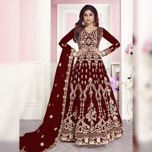 Semi-Stitched Gown With Silver Embroidery and Net Dupatta for Party Wear