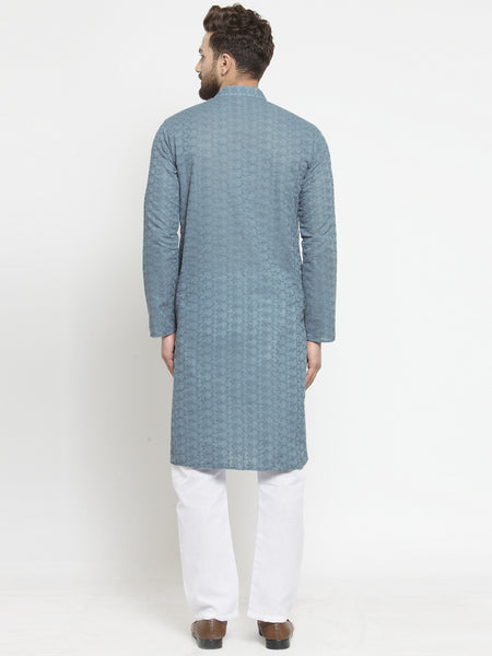 Grey Cotton Chikankari Lucknowi Jaal Embroidered Kurta with Aligarh Pajama For Men  by Treemoda