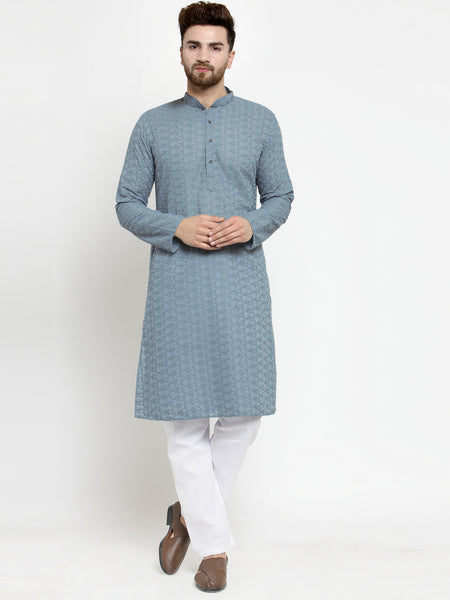 Grey Cotton Chikankari Lucknowi Jaal Embroidered Kurta with Aligarh Pajama For Men  by Treemoda