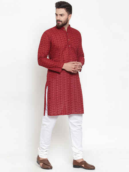 Maroon Chikankari Lucknowi Jaal Embroidered Kurta with Churidar Pajama by Treemoda