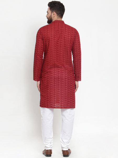 Maroon Chikankari Lucknowi Jaal Embroidered Kurta with Churidar Pajama by Treemoda