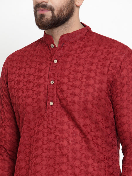Maroon Chikankari Lucknowi Jaal Embroidered Kurta with Churidar Pajama by Treemoda