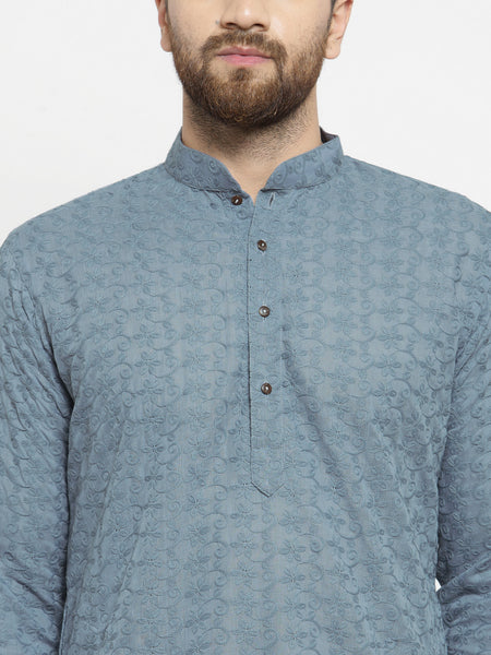 Grey Cotton Chikankari Lucknowi Jaal Embroidered Kurta with Aligarh Pajama For Men  by Treemoda