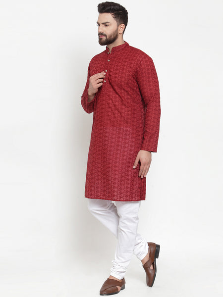 Maroon Chikankari Lucknowi Jaal Embroidered Kurta with Churidar Pajama by Treemoda